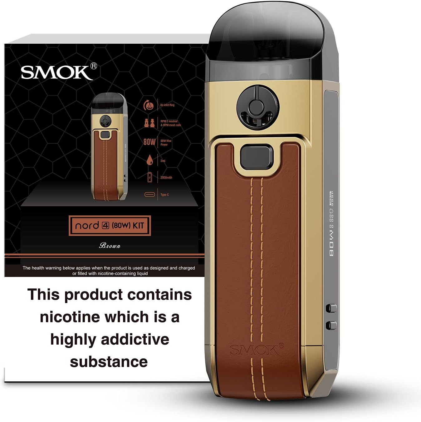 SMOK NORD 4 Vape KIT 80W 2ML 2000 mAh Battery, Durable, Protable, Stunning E Cigarette Vape Starter Kit SMOK Vape POD (Brown Leather) No Nicotine