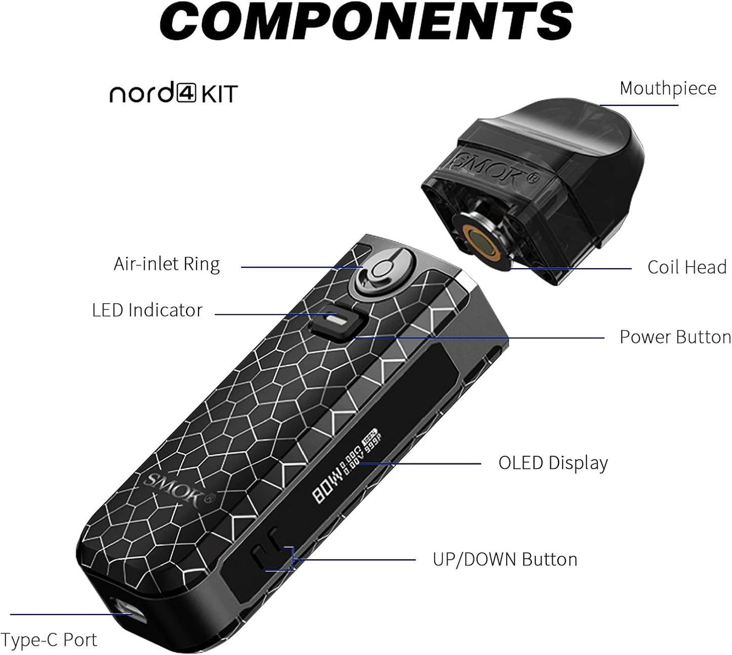 SMOK Nord 4 Kit: Versatile, Powerful, Stylish - Your Ultimate Vaping Companion (Black Armor) 2mL SMOK Vape E Cigarette Kit Vape POD No Nicotine