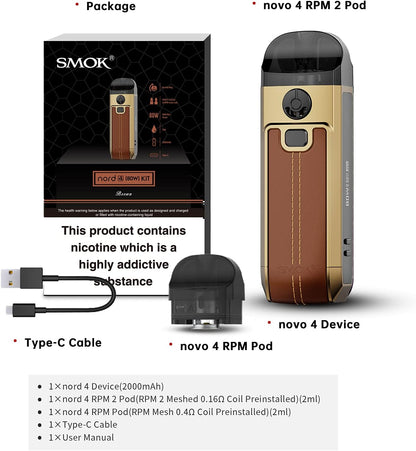 SMOK NORD 4 Vape KIT 80W 2ML 2000 mAh Battery, Durable, Protable, Stunning E Cigarette Vape Starter Kit SMOK Vape POD (Brown Leather) No Nicotine